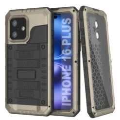 IPhone 16 Plus Metal Extreme 3.0 Series Aluminum Waterproof Case IP68 W/Buillt In Screen Protector & Kickstand [Gold]
