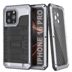 IPhone 16 Pro Metal Extreme 3.0 Series Aluminum Waterproof Case IP68 W/Buillt In Screen Protector & Kickstand [White]