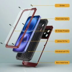 IPhone 16 Plus Metal Extreme 3.0 Series Aluminum Waterproof Case IP68 W/Buillt In Screen Protector & Kickstand [Red] -Phone Vibe Shop 6 Metal Extreme Iphone 16 Plus fde59757 bd98 496d ac87 634d3d3b36dc