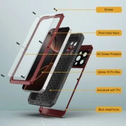 IPhone 16 Pro Max Metal Extreme 3.0 Series Aluminum Waterproof Case IP68 W/Buillt In Screen Protector & Kickstand [Red] -Phone Vibe Shop 6 Metal Extreme Iphone 16 Pro Max