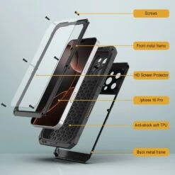 IPhone 16 Pro Metal Extreme 3.0 Series Aluminum Waterproof Case IP68 W/Buillt In Screen Protector & Kickstand [Black] -Phone Vibe Shop 6 Metal Extreme Iphone 16 Pro a3914e48 3c4e 497a b367 3219e184ef71