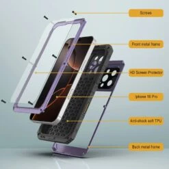 IPhone 16 Pro Metal Extreme 3.0 Series Aluminum Waterproof Case IP68 W/Buillt In Screen Protector & Kickstand [Purple] -Phone Vibe Shop 6 Metal Extreme Iphone 16 Pro bf90b594 06c7 499c ae5a 4e501169b234