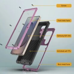 Galaxy S25 Ultra Metal Case, Heavy Duty Military Grade Armor Cover [shock Proof] Full Body Hard [Pink] -Phone Vibe Shop 6 Metallic S25 Ultra