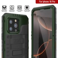 IPhone 16 Pro Metal Extreme 3.0 Series Aluminum Waterproof Case IP68 W/Buillt In Screen Protector & Kickstand [Dark Green] -Phone Vibe Shop 7 Metal Extreme Iphone 16 Pro