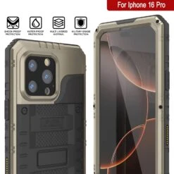 IPhone 16 Pro Metal Extreme 3.0 Series Aluminum Waterproof Case IP68 W/Buillt In Screen Protector & Kickstand [Gold] -Phone Vibe Shop 7 Metal Extreme Iphone 16 Pro e6b0bca4 f143 467b 9441 ebfa1d155e5b