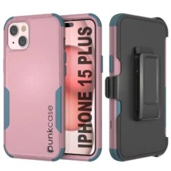 Punkcase For IPhone 15 Plus Belt Clip Multilayer Holster Case [Patron Series] [Pink-Blue]