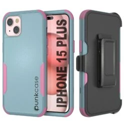 Punkcase For IPhone 15 Plus Belt Clip Multilayer Holster Case [Patron Series] [Mint-Pink]