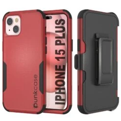 Punkcase For IPhone 15 Plus Belt Clip Multilayer Holster Case [Patron Series] [Red-Black]