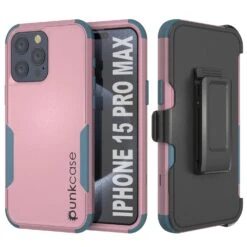 Punkcase For IPhone 15 Pro Max Belt Clip Multilayer Holster Case [Patron Series] [Pink-Blue]