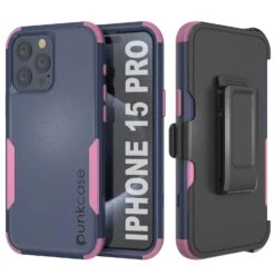 Punkcase For IPhone 15 Pro Belt Clip Multilayer Holster Case [Patron Series] [Navy Pink]