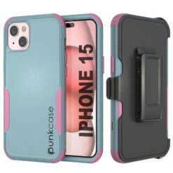 Punkcase For IPhone 15 Belt Clip Multilayer Holster Case [Patron Series] [Mint-Pink]
