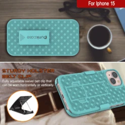 IPhone 15 Case With Tempered Glass Screen Protector, Holster Belt Clip & Built-In Kickstand [Teal] -Phone Vibe Shop image 2025 02 27T160452.183