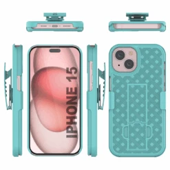IPhone 15 Case With Tempered Glass Screen Protector, Holster Belt Clip & Built-In Kickstand [Teal] -Phone Vibe Shop image 2025 02 27T160454.772