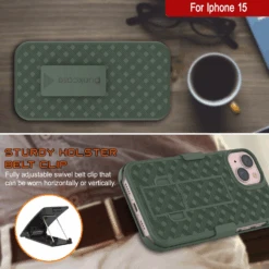 IPhone 15 Case With Tempered Glass Screen Protector, Holster Belt Clip & Built-In Kickstand [Green] -Phone Vibe Shop image 2025 02 27T161033.770