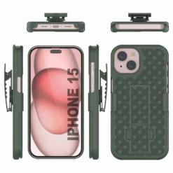 IPhone 15 Case With Tempered Glass Screen Protector, Holster Belt Clip & Built-In Kickstand [Green] -Phone Vibe Shop image 2025 02 27T161035.920