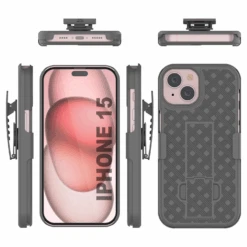 IPhone 15 Case With Tempered Glass Screen Protector, Holster Belt Clip & Built-In Kickstand [Grey] -Phone Vibe Shop image 2025 02 27T161207.032