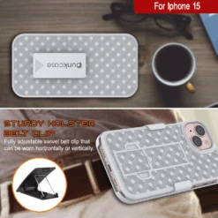 IPhone 15 Case With Tempered Glass Screen Protector, Holster Belt Clip & Built-In Kickstand [White] -Phone Vibe Shop image 2025 02 27T162031.933