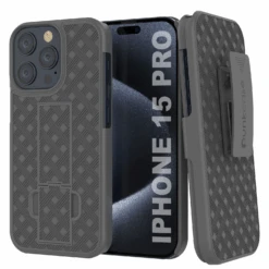 IPhone 15 Pro Case With Tempered Glass Screen Protector, Holster Belt Clip & Built-In Kickstand [Grey]