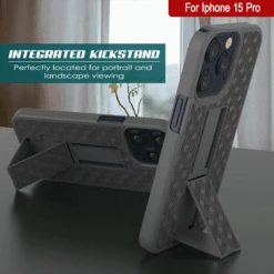 IPhone 15 Pro Case With Tempered Glass Screen Protector, Holster Belt Clip & Built-In Kickstand [Grey] -Phone Vibe Shop image 2025 02 27T165517.836