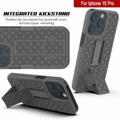 IPhone 15 Pro Case With Tempered Glass Screen Protector, Holster Belt Clip & Built-In Kickstand [Grey] -Phone Vibe Shop image 2025 02 27T165521.695