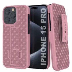 IPhone 15 Pro Case With Tempered Glass Screen Protector, Holster Belt Clip & Built-In Kickstand [Pink]
