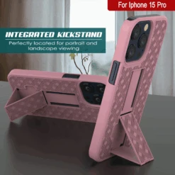 IPhone 15 Pro Case With Tempered Glass Screen Protector, Holster Belt Clip & Built-In Kickstand [Pink] -Phone Vibe Shop image 2025 02 27T165955.526