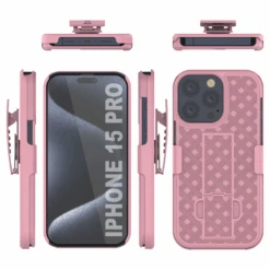 IPhone 15 Pro Case With Tempered Glass Screen Protector, Holster Belt Clip & Built-In Kickstand [Pink] -Phone Vibe Shop image 2025 02 27T170004.546