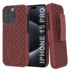 IPhone 15 Pro Case With Tempered Glass Screen Protector, Holster Belt Clip & Built-In Kickstand [Red]