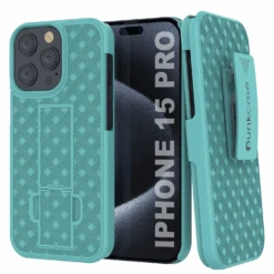 IPhone 15 Pro Case With Tempered Glass Screen Protector, Holster Belt Clip & Built-In Kickstand [Teal]