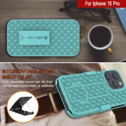 IPhone 15 Pro Case With Tempered Glass Screen Protector, Holster Belt Clip & Built-In Kickstand [Teal] -Phone Vibe Shop image 2025 02 27T171957.560