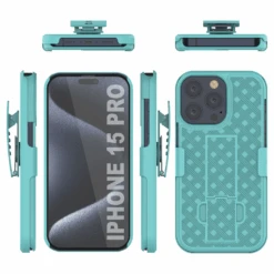 IPhone 15 Pro Case With Tempered Glass Screen Protector, Holster Belt Clip & Built-In Kickstand [Teal] -Phone Vibe Shop image 2025 02 27T171959.326