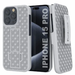 IPhone 15 Pro Case With Tempered Glass Screen Protector, Holster Belt Clip & Built-In Kickstand [White]