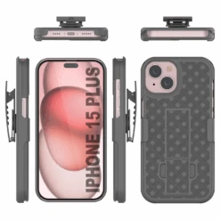 IPhone 15 Plus Case With Tempered Glass Screen Protector, Holster Belt Clip & Built-In Kickstand [Grey] -Phone Vibe Shop image 2025 02 27T173938.283