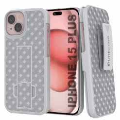 IPhone 15 Plus Case With Tempered Glass Screen Protector, Holster Belt Clip & Built-In Kickstand [White]