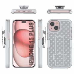 IPhone 15 Plus Case With Tempered Glass Screen Protector, Holster Belt Clip & Built-In Kickstand [White] -Phone Vibe Shop image 2025 02 27T175042.166