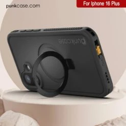 IPhone 16 Plus Waterproof Case [Kickstud 2.0 Series] Protective IP68 Cover W/Screen Protector & Kickstand [Black] -Phone Vibe Shop punkcase for iphone 16 plus waterproof case kickstud 2 0 seriess protective ip68 certified cover w screen protector kickstand ultra slim 360 protection slim fit innovative design 8 70