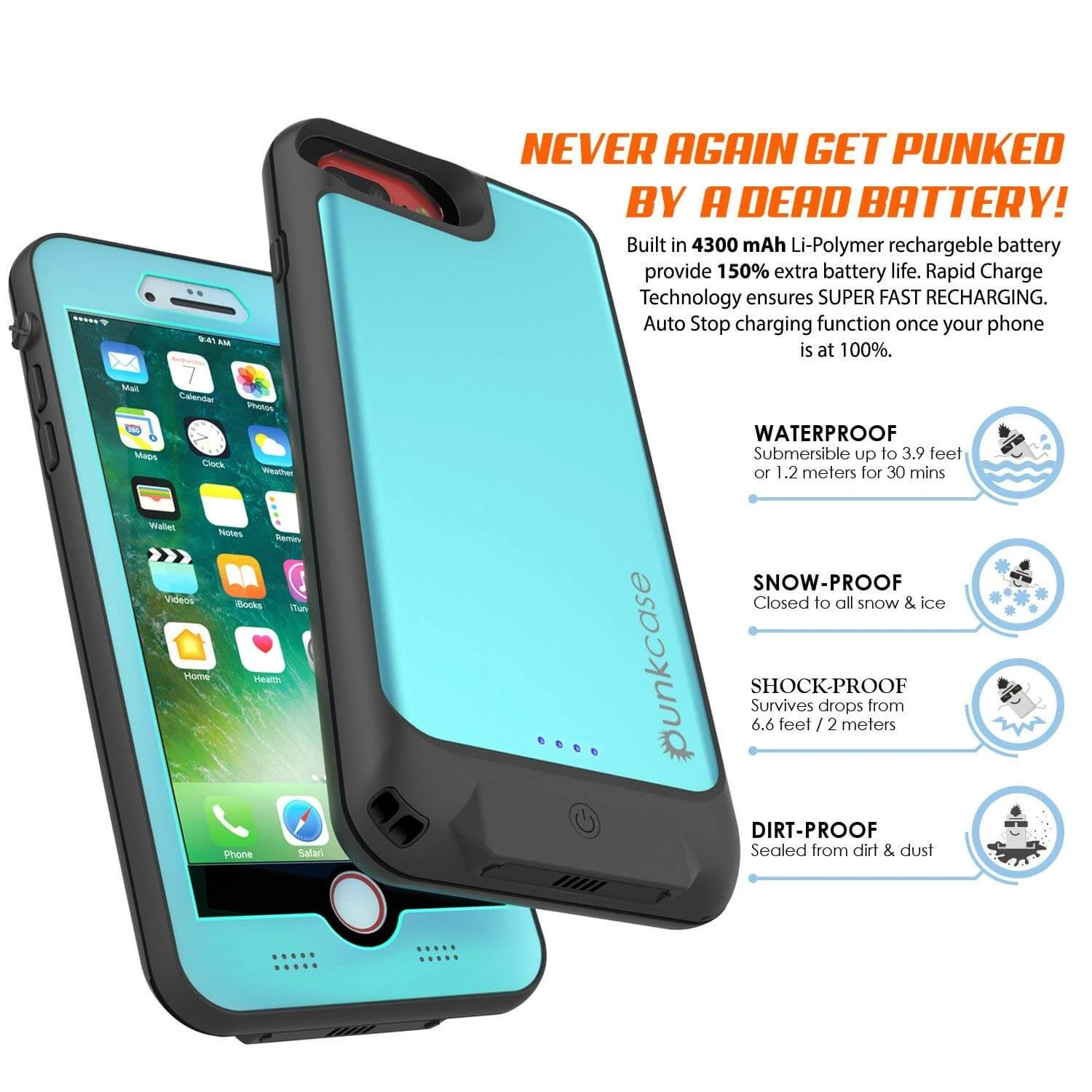 PunkJuice IPhone 7+Plus Battery Case Teal - Waterproof Slim Power Juice Bank With 4300mAh 5 PunkJuice IPhone 7+Plus Battery Case Teal - Waterproof Slim Power Juice Bank With 4300mAh - Image 3